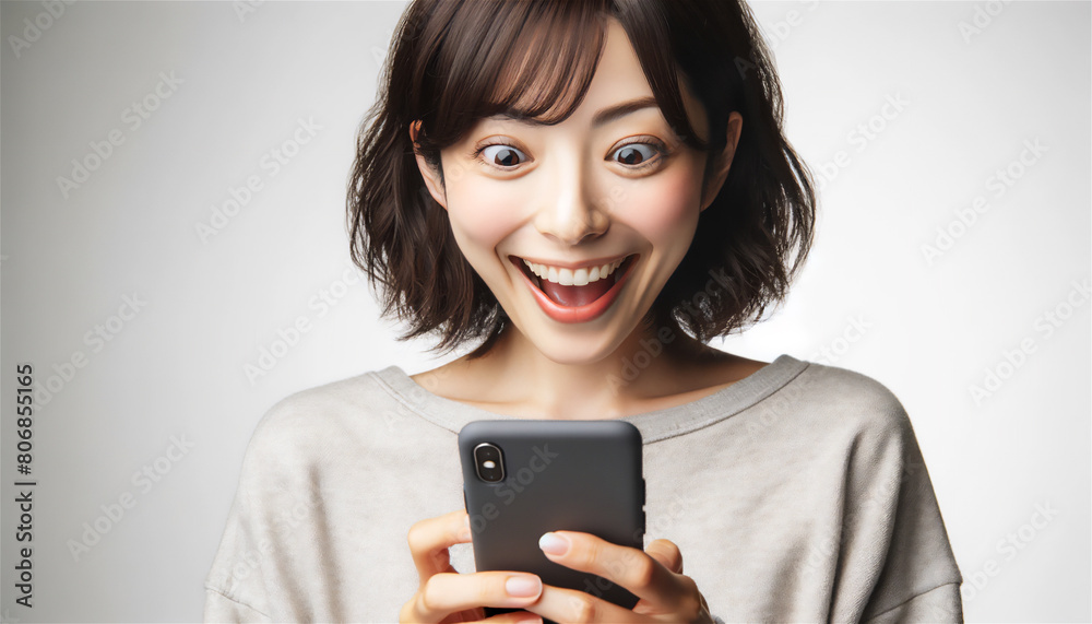 スマートフォンを見て驚き喜ぶ日本人女性 スマートフォンを見て驚き喜ぶ日本人女性