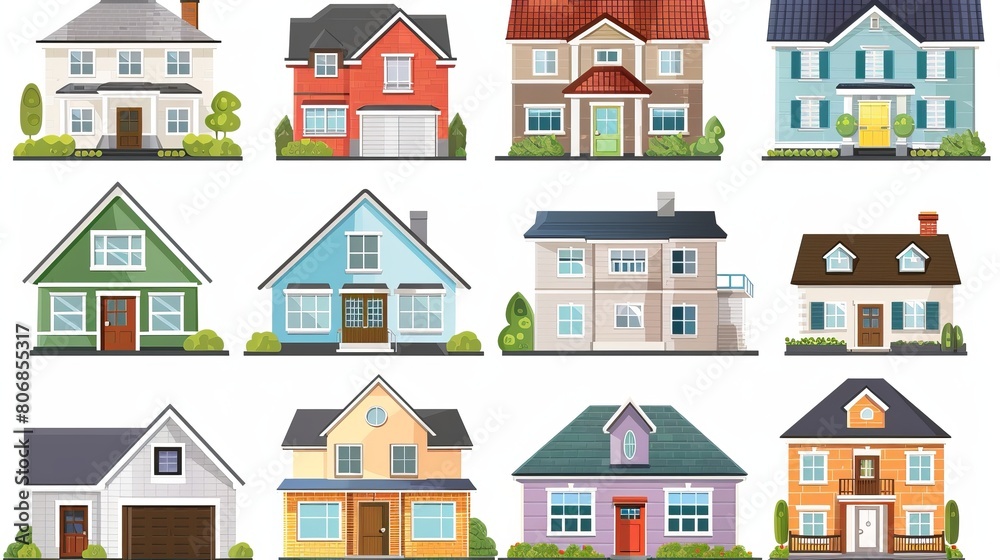 A collection of house icons depicting various residential styles including urban and suburban homes, townhouses, and cottages. Isolated vector illustration