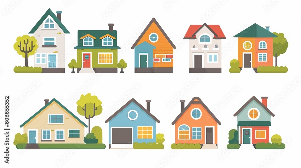 A collection of house icons depicting various residential styles including urban and suburban homes, townhouses, and cottages. Isolated vector illustration A collection of house icons depicting various residential styles including urban and suburban homes, townhouses, and cottages. Isolated vector illustration