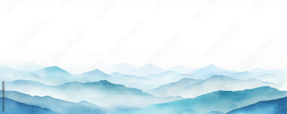 Turquoise tones watercolor mountain range on white background with copy space display products blank copyspace for design text photo website web 