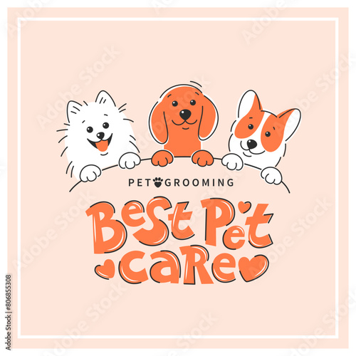 Dog grooming. Cartoon different dogs. Animal hair grooming, haircuts, bathing, hygiene. Vector illustration for pet care salon.
