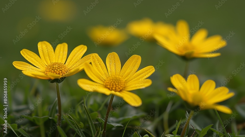 Obraz premium A field of lush green grass dotted with a group of yellow flowers atop it