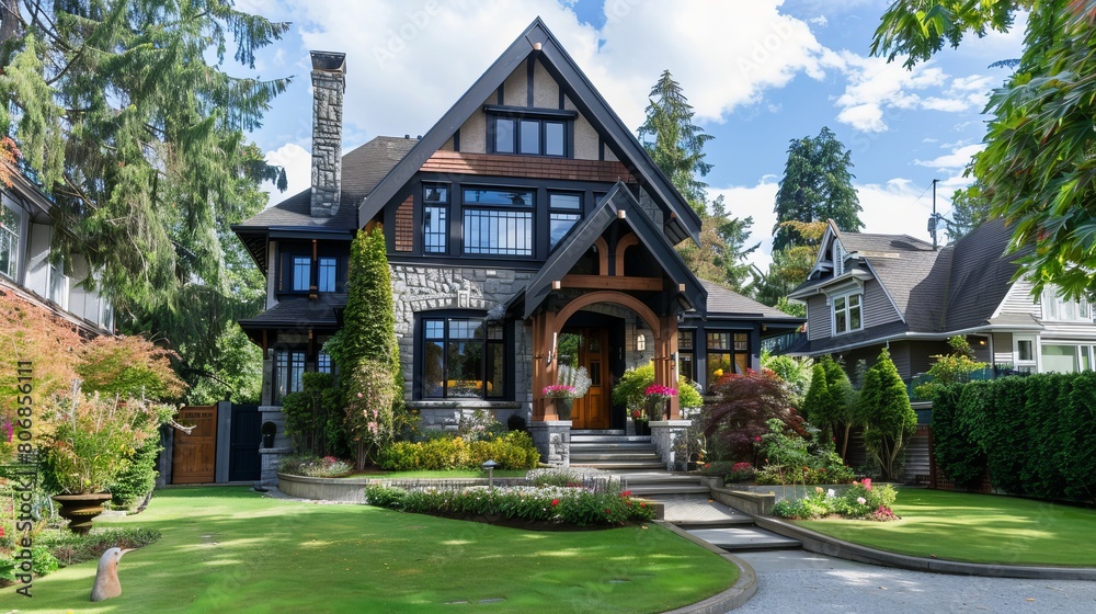 A custom-built luxury home in Canada, with a well-maintained and landscaped front yard, set in a residential neighborhood