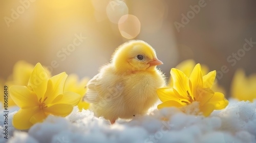  A small yellow bird on a sunny snow-less day, surrounded by yellow daffodils, with the sun shining behind