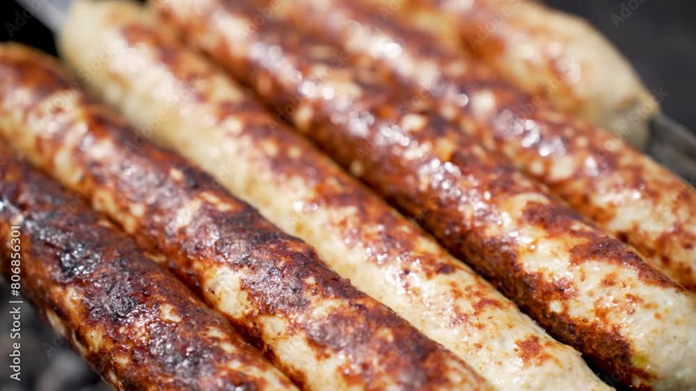 Grilled lula kebab on skewer on grill, close-up. Delicious homemade sausages Grilled lula kebab on skewer on grill, close-up. Delicious homemade sausages