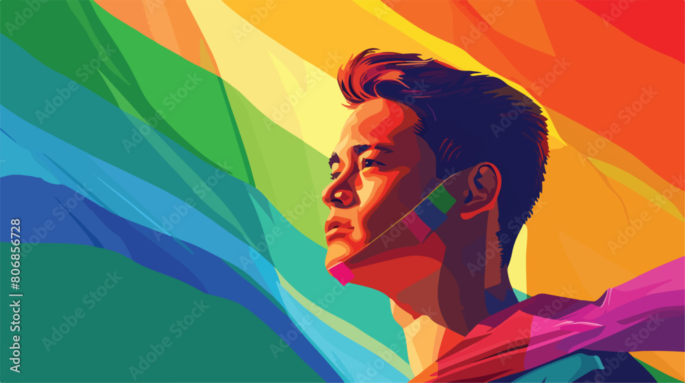 Young man with LGBT flag on green background closeup