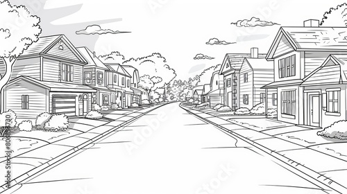 A line art vector of a village neighborhood showing residential buildings along a suburban street