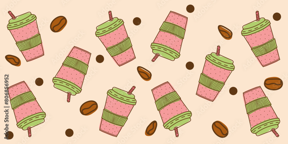 Colorful seamless Doodle pattern coffee to go with dots, beans in brown, pink, green colors on beige background. Editable stroke. Vector hand drawn illustration for business, wallpaper, wrapping