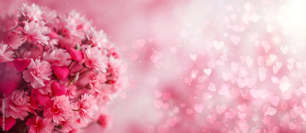 Fototapeta premium Pink delicate background with pink small flowers and hearts on the left. Banner or card with empty space for text. Summer love card.