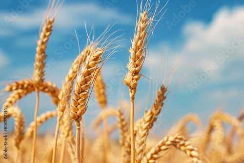 Golden wheat ears against a clear blue sky