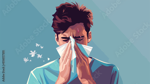 Young man with nosebleed and tissue on blue background photo