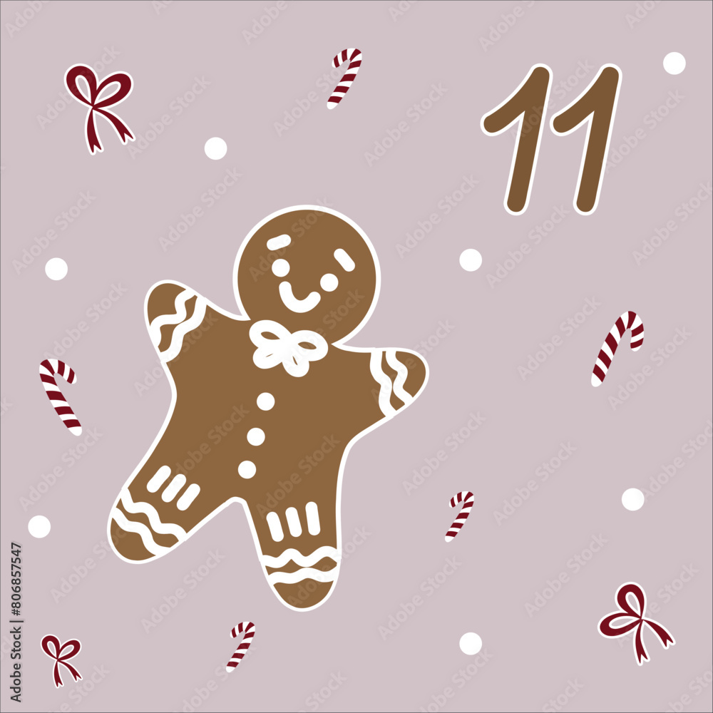 Naklejka premium Christmas illustration with gingerbread. Christmas Advent Calendar 25 hand drawn cards is a December countdown calendar vector illustration, Сhristmas eve creative winter set with numbers