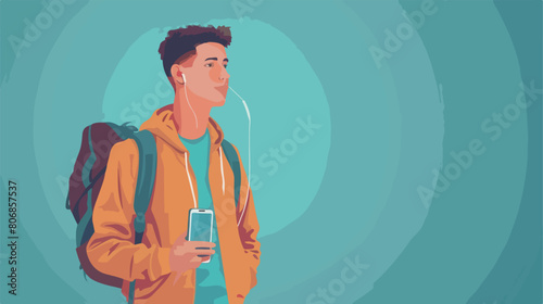 Young man with phone and power bank on color background