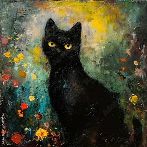 AI generated illustration of an oil painting of a black cat in a garden