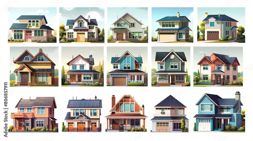A set of various urban and suburban house designs, provided as vector illustrations