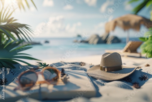 Relaxing beach scene with a sunhat  sunglasses  and book on a sandy shore  overlooking a serene ocean and distant islands