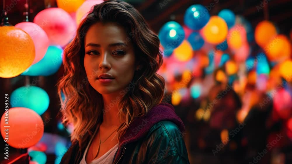Beautiful woman on the background of colorful lamps. AI