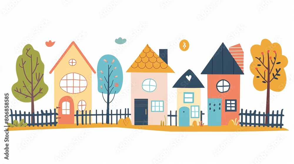 A vector illustration showing a group of cottages in a simple, stylized icon format, depicting a street view with private buildings, trees, and fences