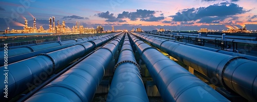 A wideangle shot of a sprawling pipeline and pipe rack system at a petroleum refinery, showcasing the complex network of pipes against an industrial skyline