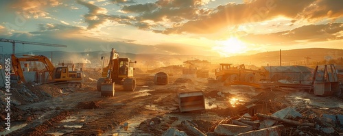 A wideangle shot capturing the peaceful end of a day at a construction site, where the setting sun casts golden hues over scattered tools and machinery