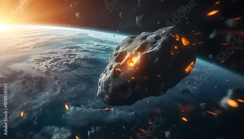 dramatic space scene of  asteroid is coming to earth, cosmic impact, high-stakes astronomical event, planetary collision, contemporary metallurgy, Extinction of dinosaurs, mass destruction, threat  photo