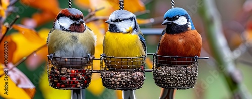 Small songbirds sit on the bird feeder. Big tits and blue tits photo