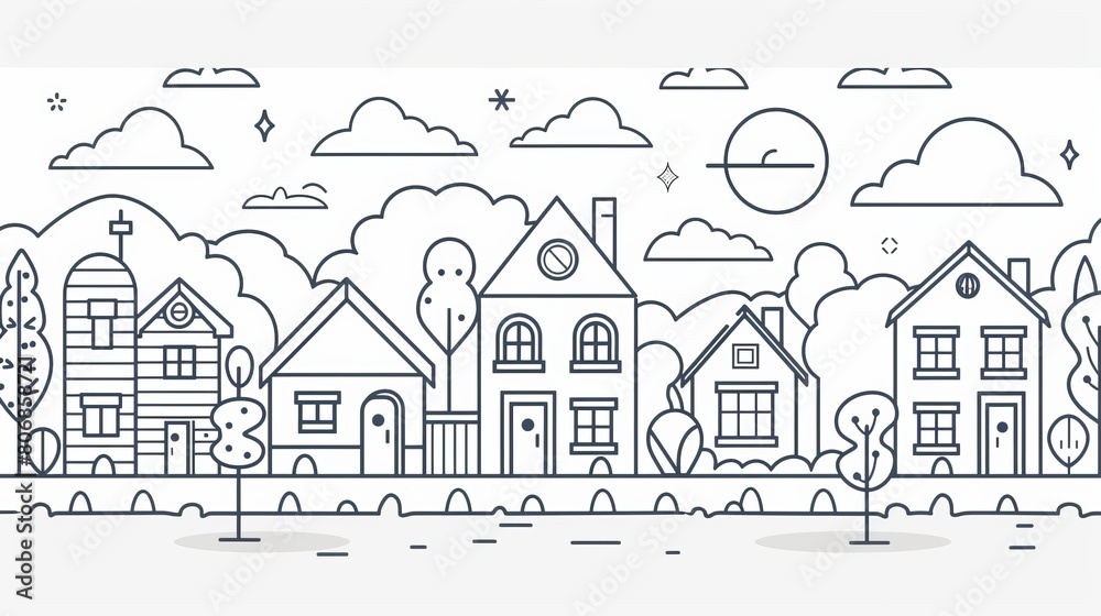 A village landscape featuring houses and trees in a suburban setting, designed in a thin line style vector illustration
