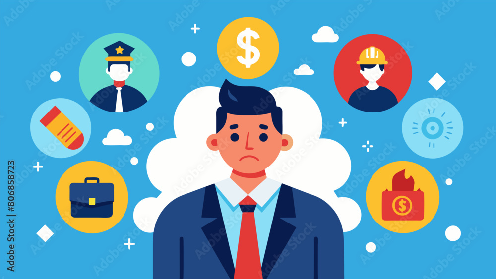 An image of a person in a suit surrounded by dollar signs and visibly stressed next to a person in a firefighter uniform surrounded by symbols of. Vector illustration