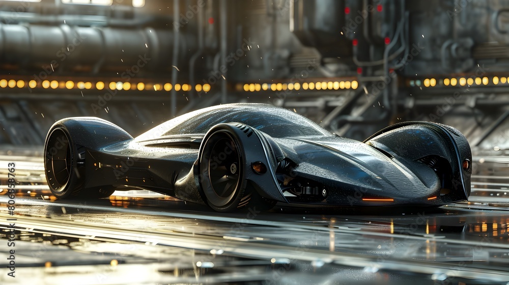 Obraz premium Futuristic Aerodynamic Car Design Through Rendering Showcasing Dynamic Lighting and Shadow Effects Conveying a Sci-Fi Aesthetic