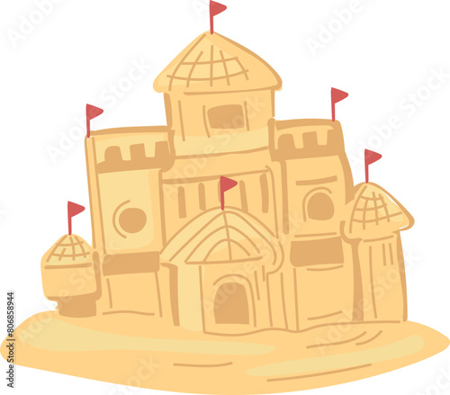 Cartoon sand castle illustration on transparent background.
