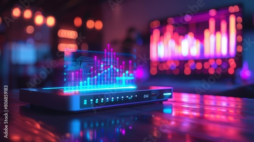 A vibrant display of a highspeed router with a holographic interface showing realtime network performance stats, catering to techsavvy homeowners looking for both aesthetics and functionality photo