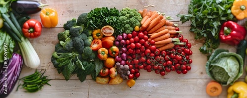 A vibrant and educational display of a human brain made from an array of colorful vegetables, placed on a light wooden surface, promoting a brainhealthy diet