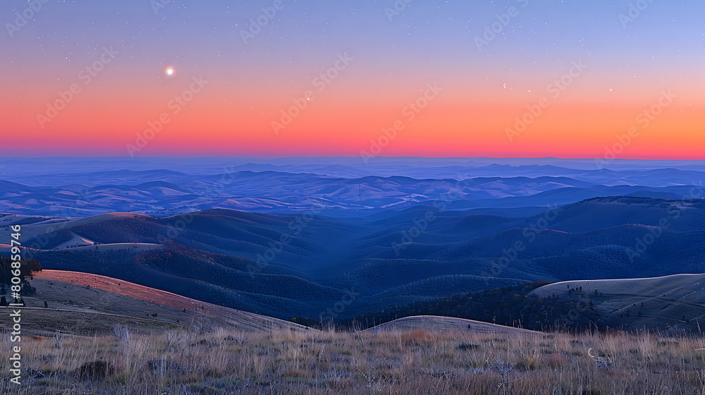 Purple sky with stars, pink light and hills. Beautiful view with the universe.