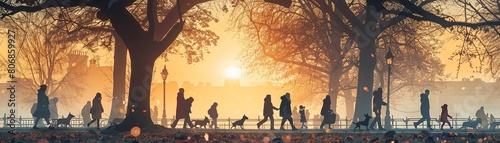 A striking visual of a city park at dusk, where the silhouettes of various figures, including joggers, dog walkers, and families, are outlined against the fading light, capturing a moment of urban lif photo