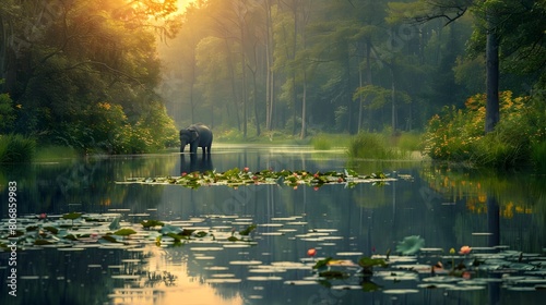 Tranquil Forest Pond with Elephant Drinking at Serene Waterside photo
