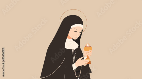 Young nun with chalice and rosary beads on beige background