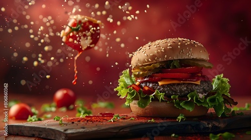 Energetic Gourmet Burger Bursting from Rustic Wooden Board with Floating Lettuce,Tomato,and Cheese against Dramatic Crimson Background