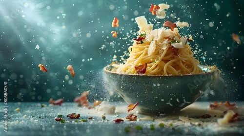 Epic Stylized Spaghetti Carbonara Burst from Ceramic Bowl with Floating Bacon and Parmesan