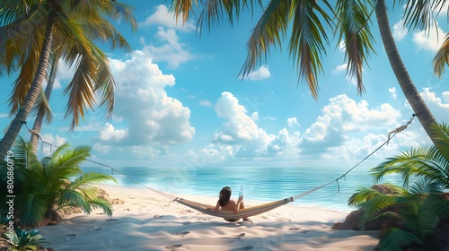 Relaxed Woman Enjoying Seaside Hammock Vacation with Refreshing Beverage