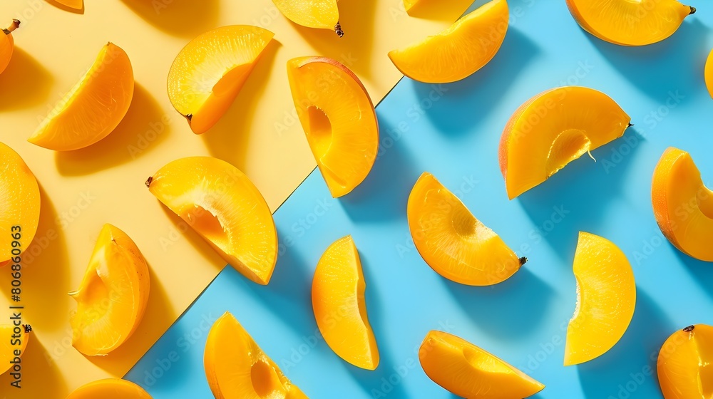 Freshly Sliced Mango Pieces Forming a Lively Pattern on a Bright Backdrop