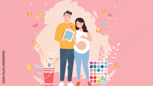 Young pregnant couple with paint can and color paletter