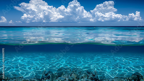 Beautiful view of blue sky and sea Calm weather on the sea with beautiful clouds