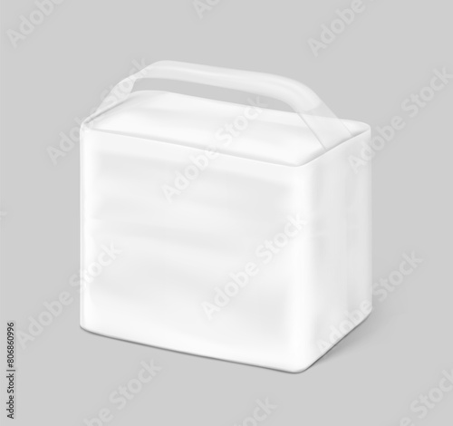 Stand bag with handle mockup. Vector illustration isolated on grey background. Ready for your design. Suite for the presentation of diaper, wet wipes, foods, household, etc. EPS10.