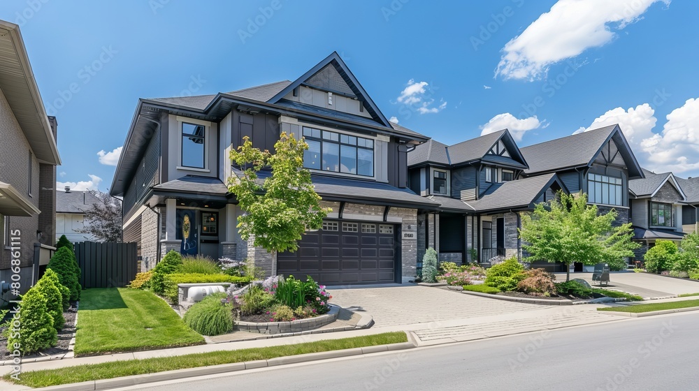 Suburban homes in North America during the summer, featuring upscale architecture and attractive landscaping Suburban homes in North America during the summer, featuring upscale architecture and attractive landscaping