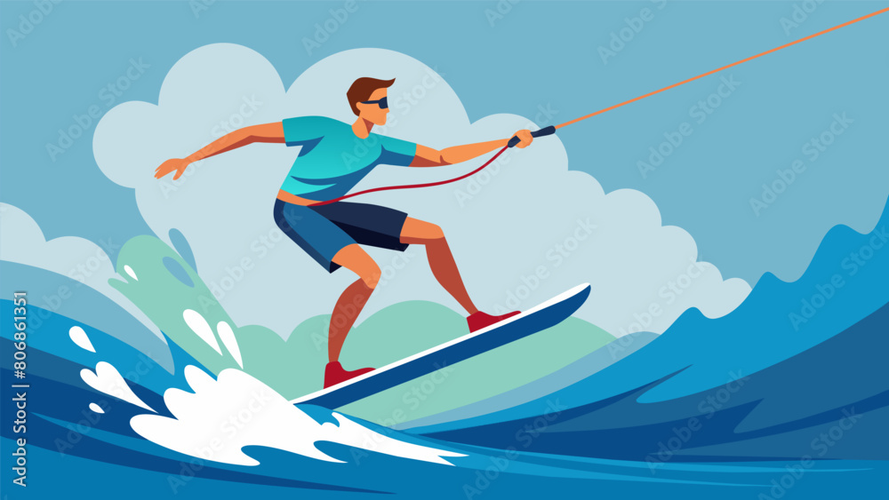 Gliding effortlessly across the waters surface a wakeboarder performs a stylish nose grab showing off their impressive balance and control.. Vector illustration