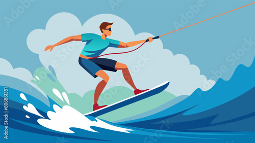 Gliding effortlessly across the waters surface a wakeboarder performs a stylish nose grab showing off their impressive balance and control.. Vector illustration