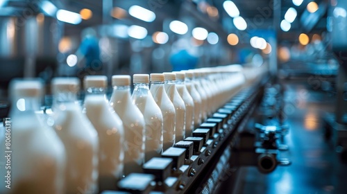 A panoramic view of a milk bottling line in a dairy production facility, with rows of filled bottles moving along a conveyor system, showcasing industrial efficiency