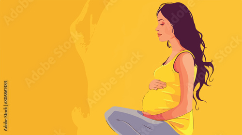 Young pregnant woman sitting on yellow background vector