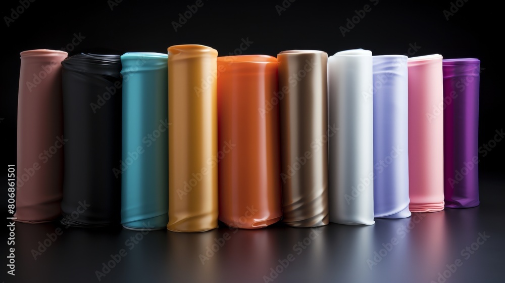 Colorful plastic bottles arranged in a row on a black surface Colorful plastic bottles arranged in a row on a black surface