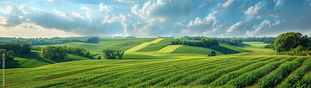 A panoramic shot of a large farm showing diverse crop fields including corn, soybeans, and barley, emphasizing scale and variety in agriculture